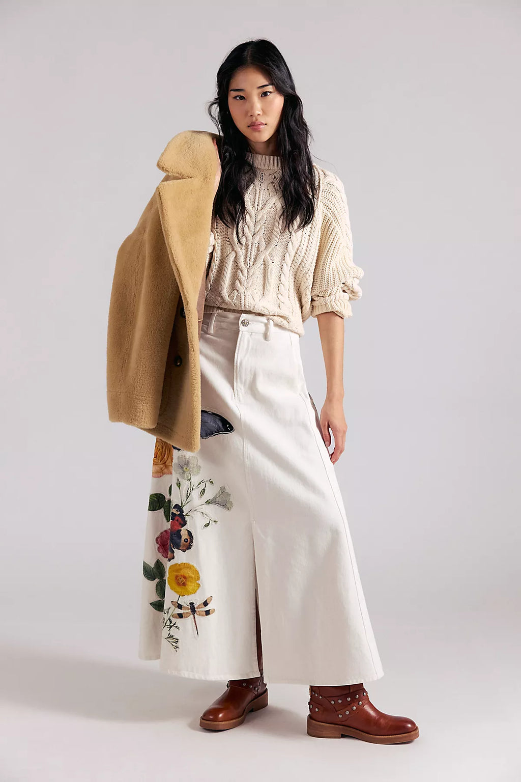 Denim And Bone Floral Denim Maxi Skirt