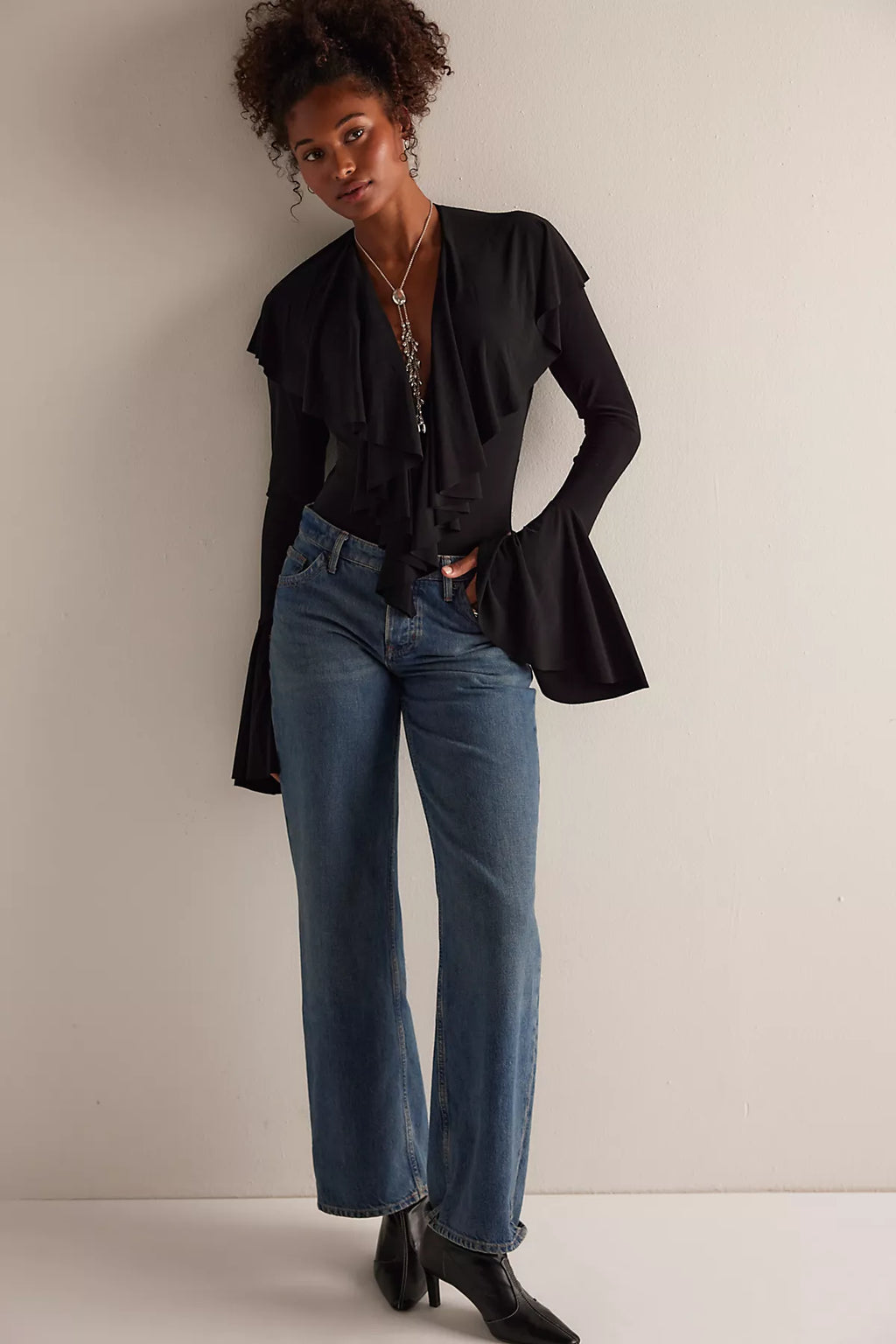 Norma Kamali Long-Sleeve Deep-V Ruffle Bodysuit