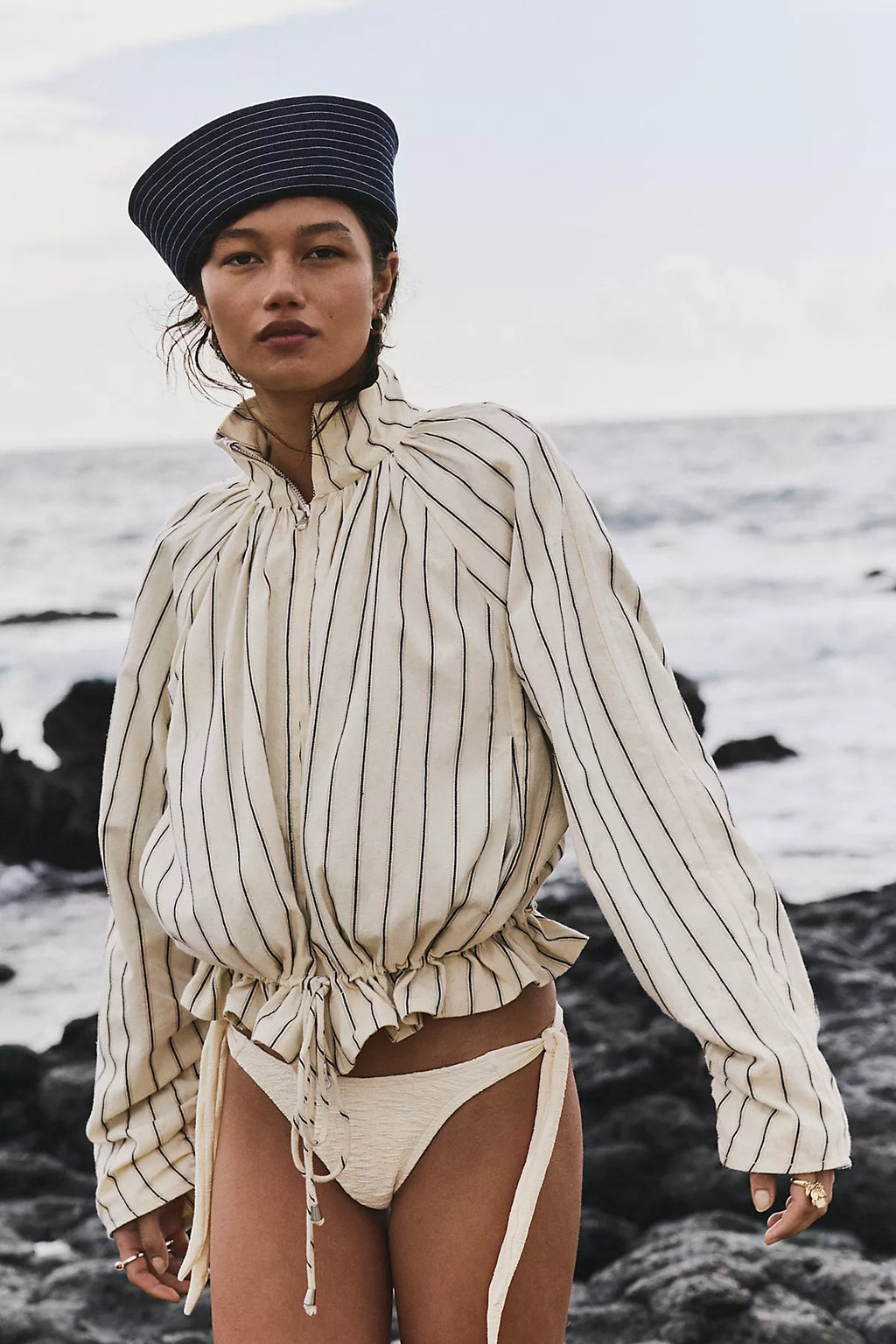 Devon Striped Balloon Funnel-Neck Jacket