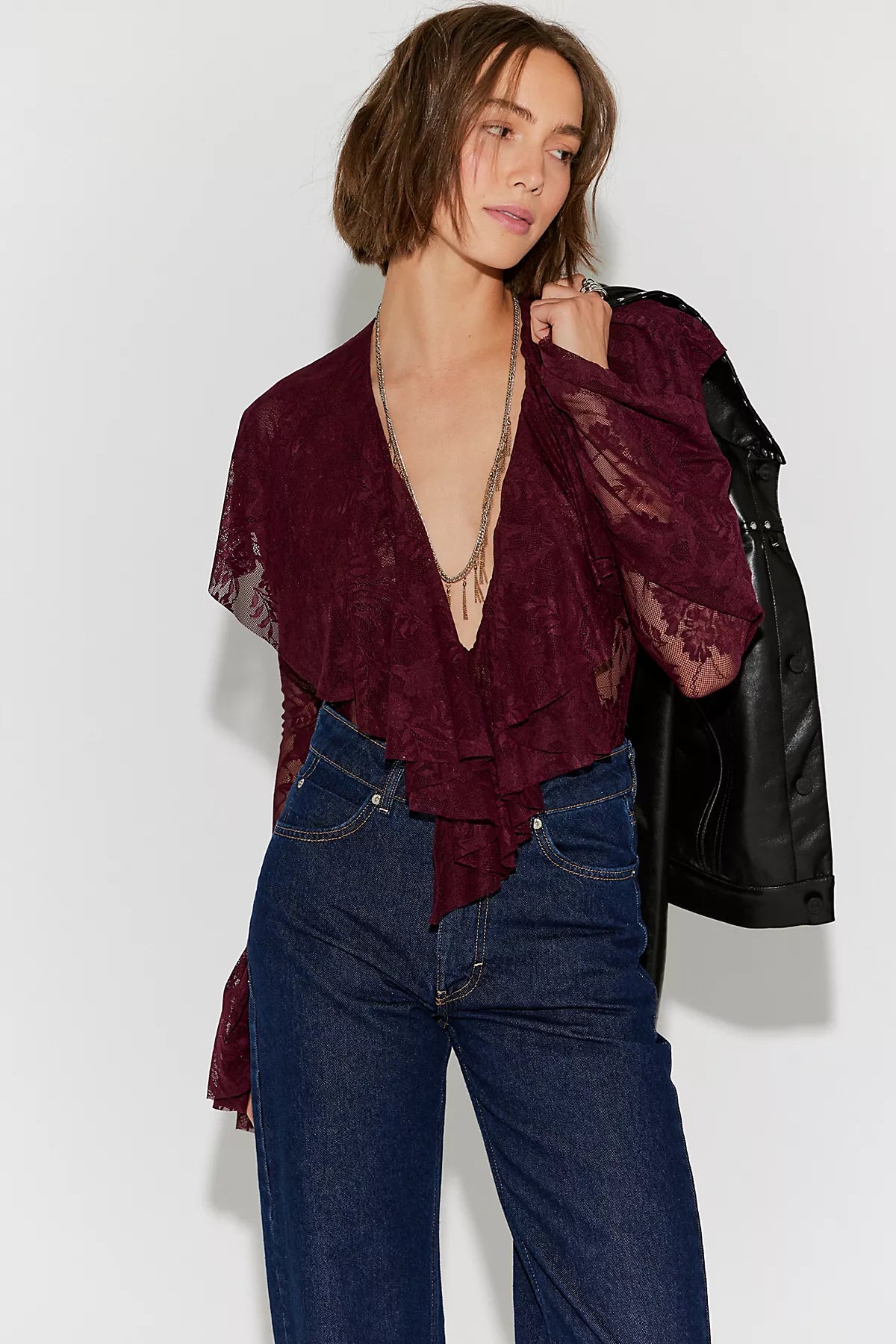 Norma Kamali Long Sleeve Deep V Ruffle Bodysuit