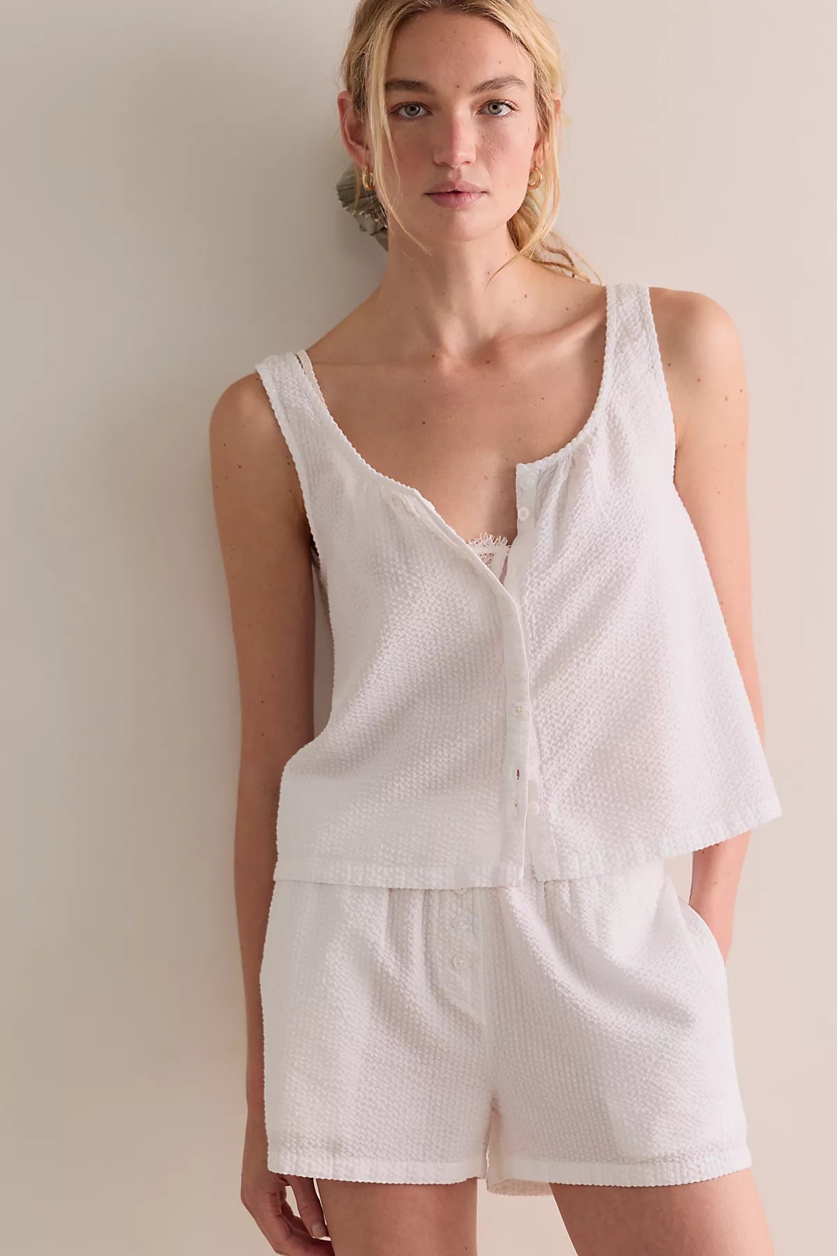Nudea Cotton Seersucker Button-Down Tank