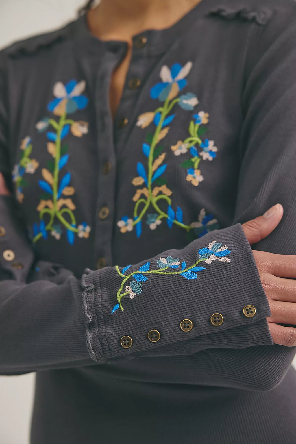 Fleur Embroidered Cuff Henley